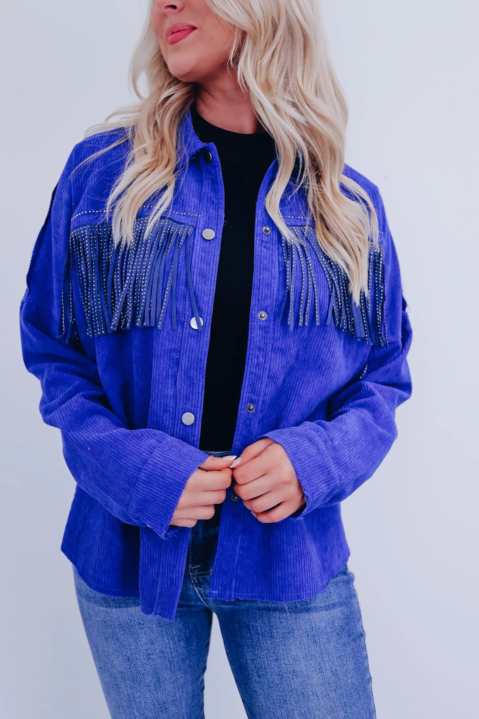 Maggie Micro Corduroy Fringe Shacket - Blue