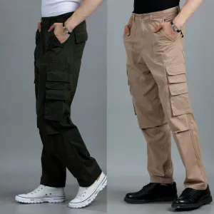 Men 2 Cotton Relaxed Fit Cargo Trousers, Dark Olive Khakhi