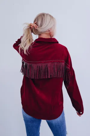 Mia Micro Corduroy Fringe Shacket - Burgundy