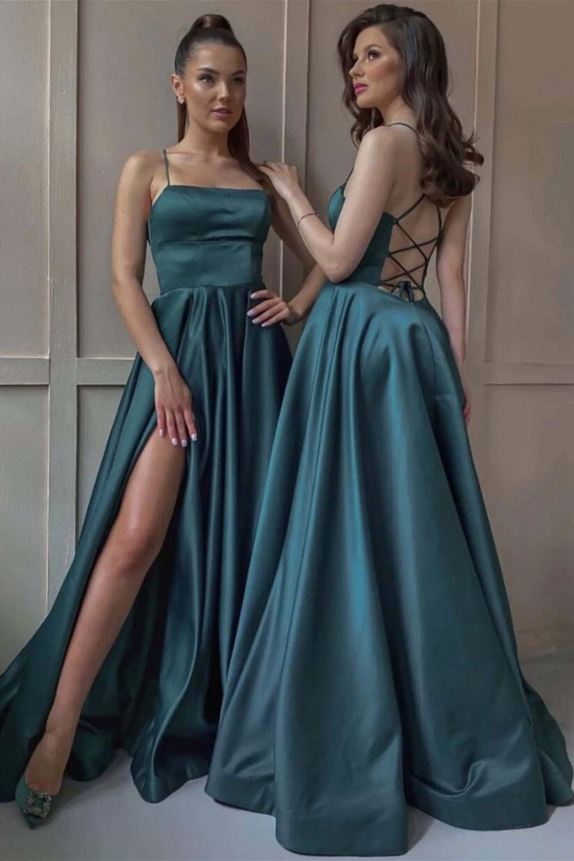 Open Back Green Satin Long Evening Dress With Slit Open Back Green Formal Dresses