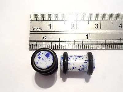 Pair 2 pieces Paint Splatter Acrylic Ear Lobe Plugs 2 gauge 2g O rings Blue