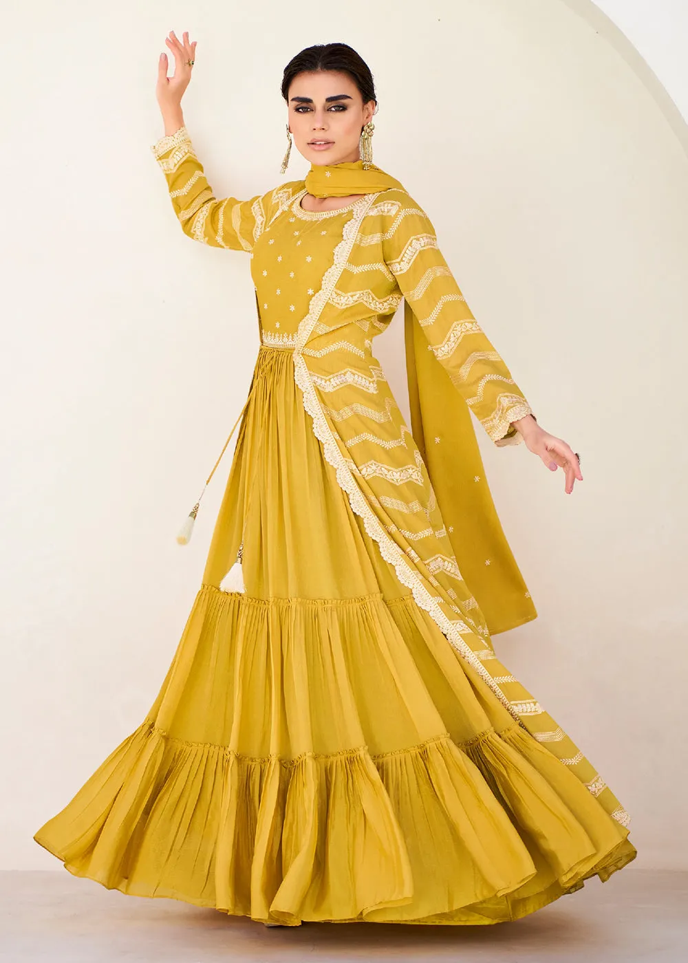 Pretty Yellow Koti Style Wedding Party Anarkali Gown