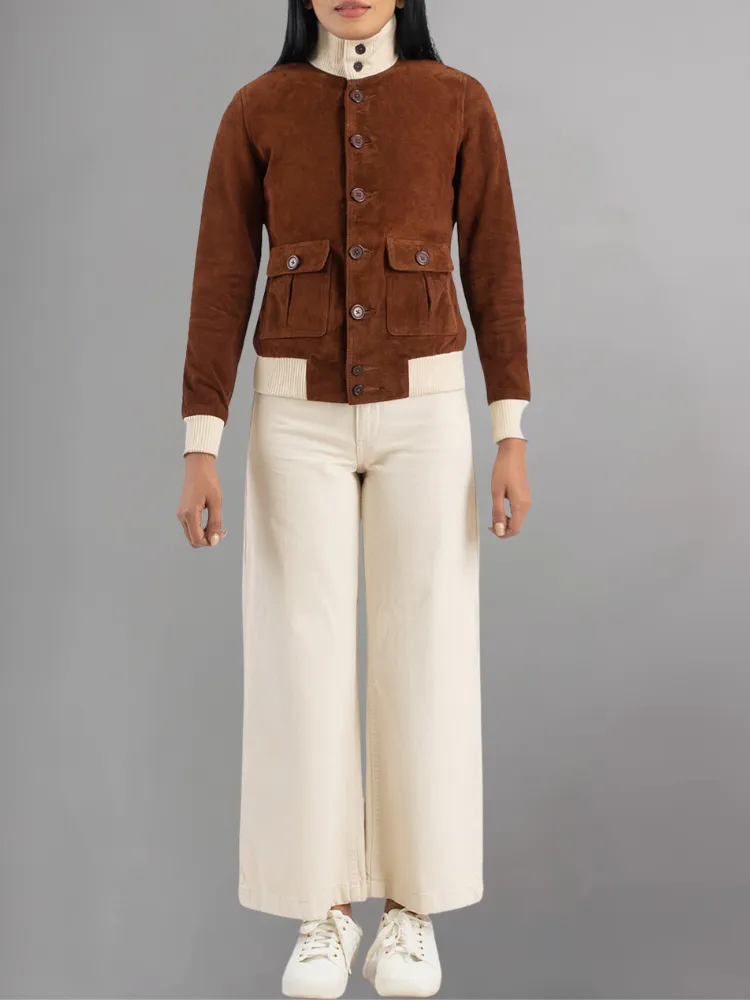 Real Suede Cropped Shearling Jacket For Women