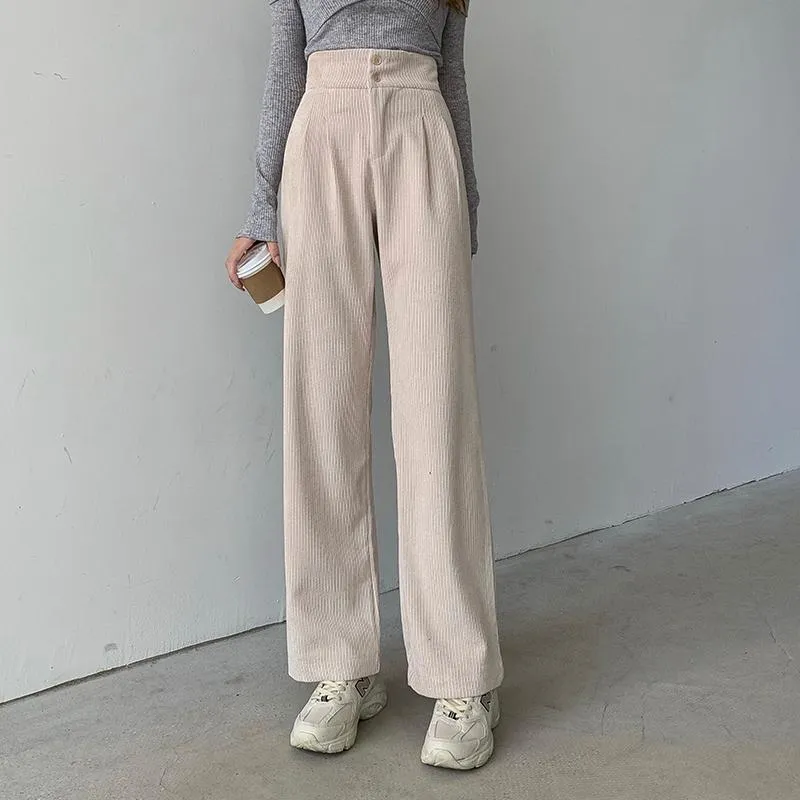 Retro Corduroy High Waist Buttoned Wide Leg Pants