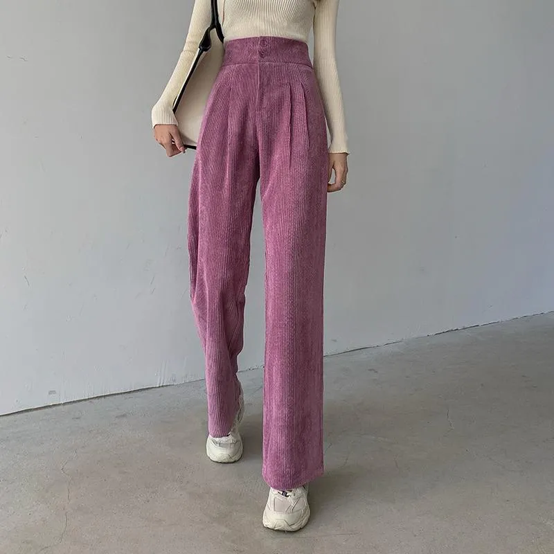 Retro Corduroy High Waist Buttoned Wide Leg Pants