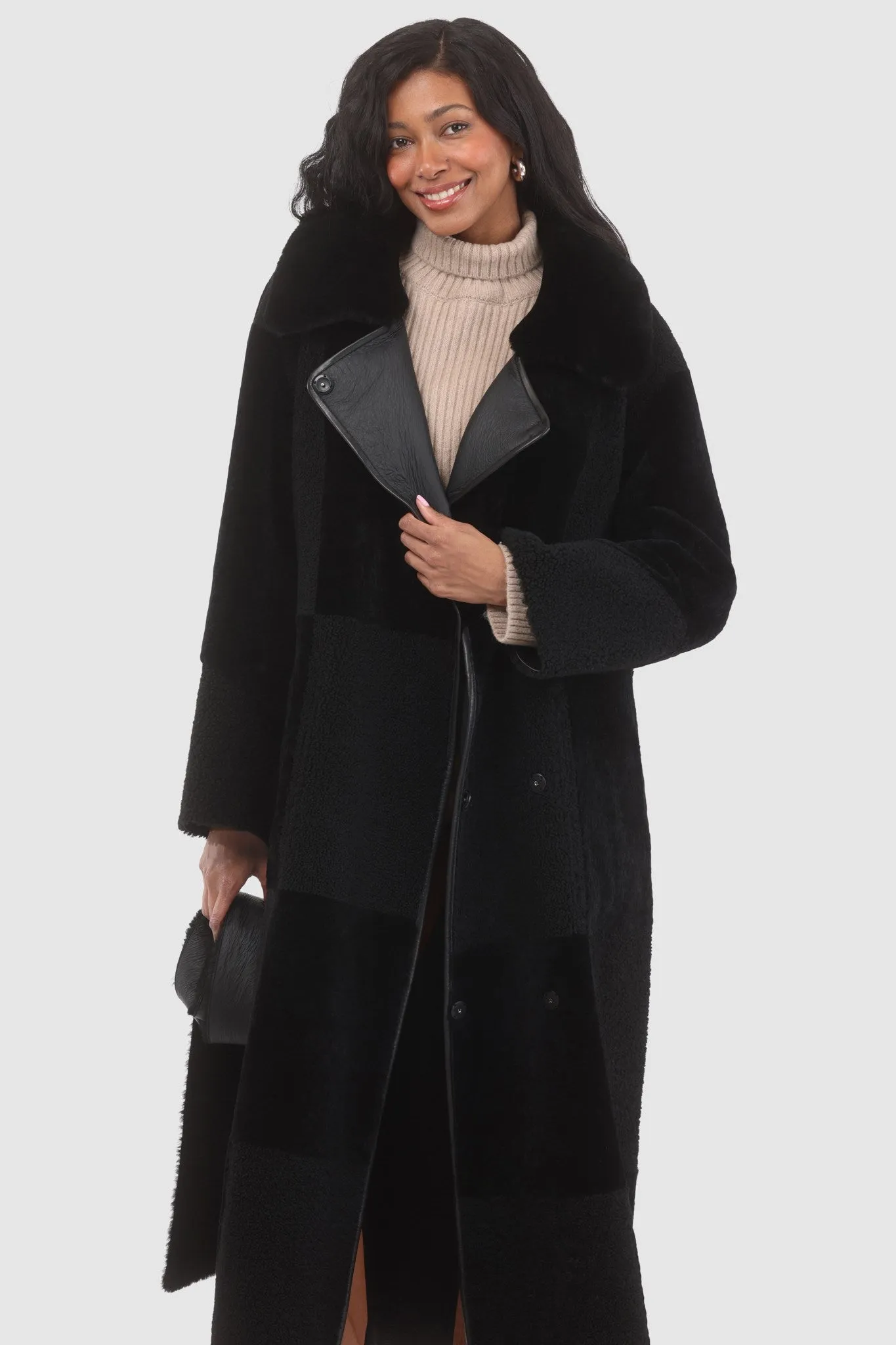 Reversible Select Shearling Lamb Coat with Notch Collar, Belt