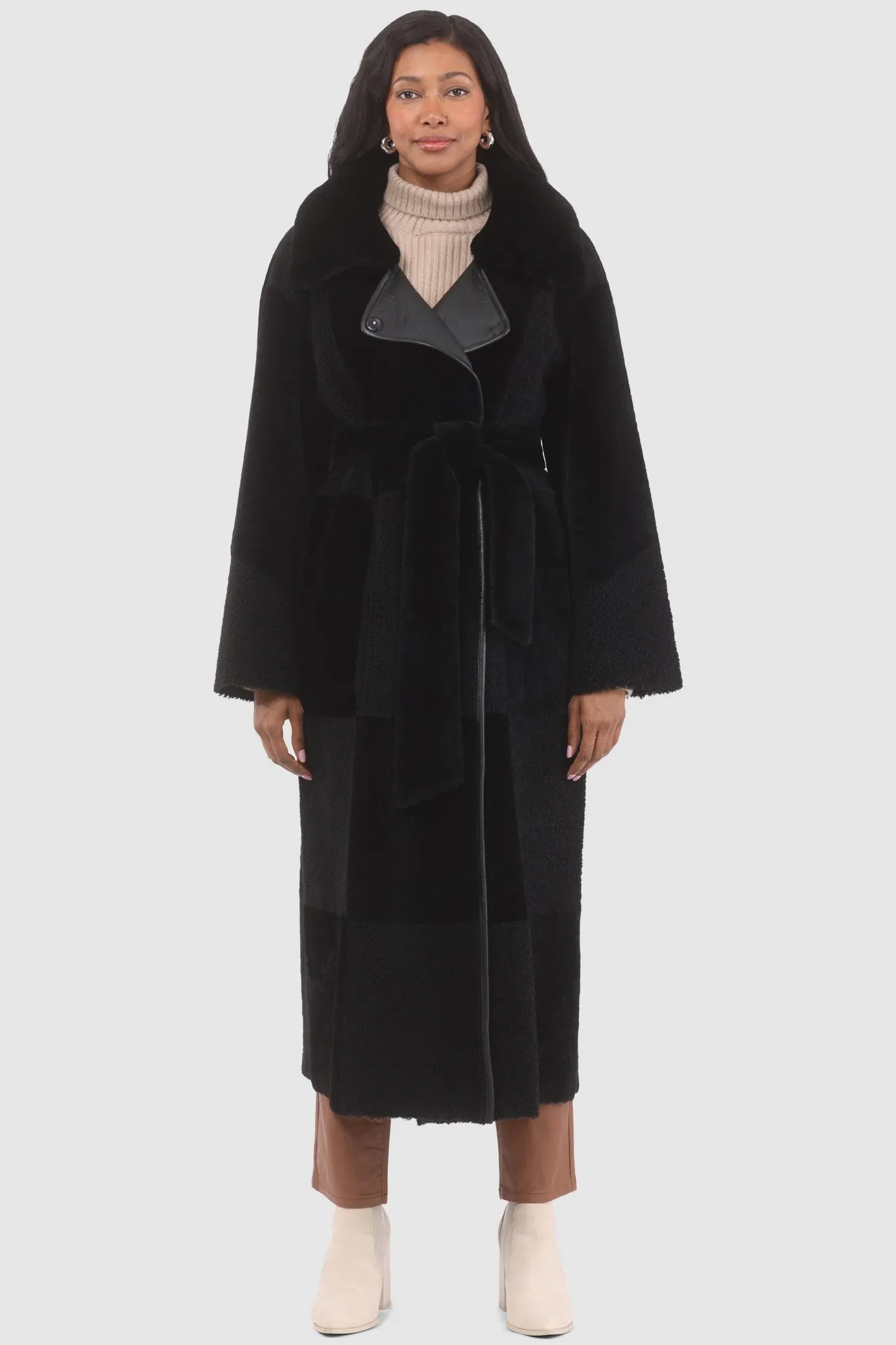 Reversible Select Shearling Lamb Coat with Notch Collar, Belt