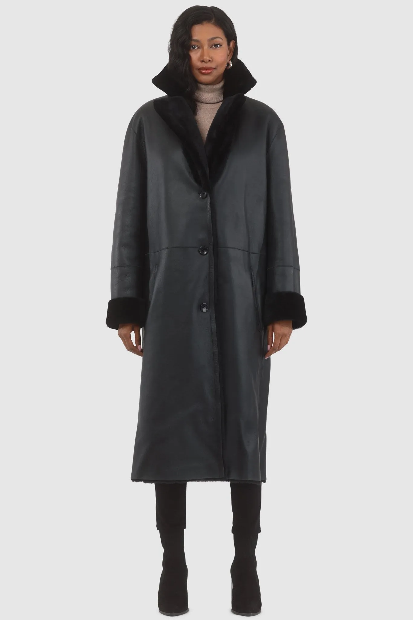 Reversible Select Shearling Lamb Coat with Notch Collar, Belt