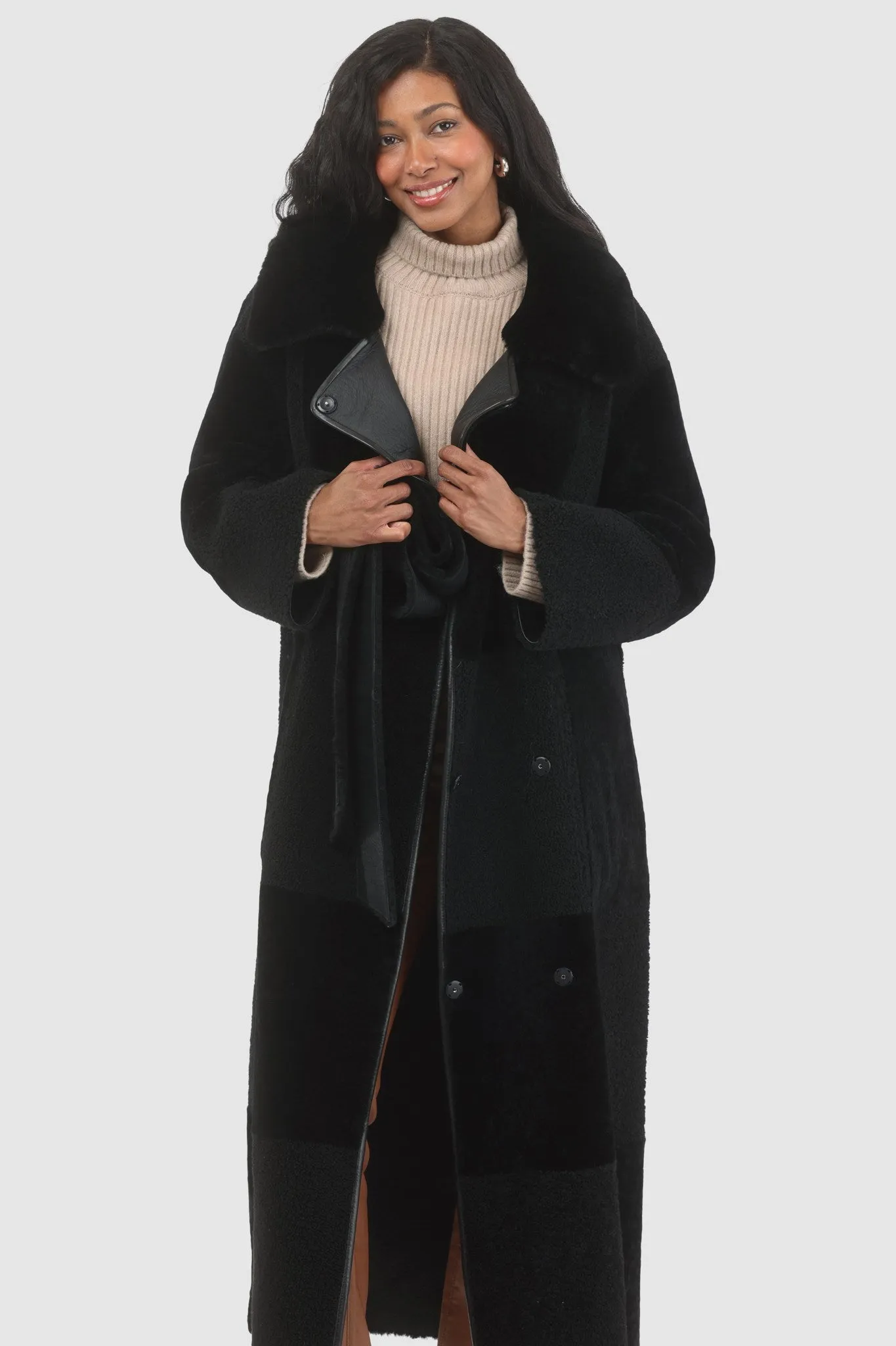 Reversible Select Shearling Lamb Coat with Notch Collar, Belt