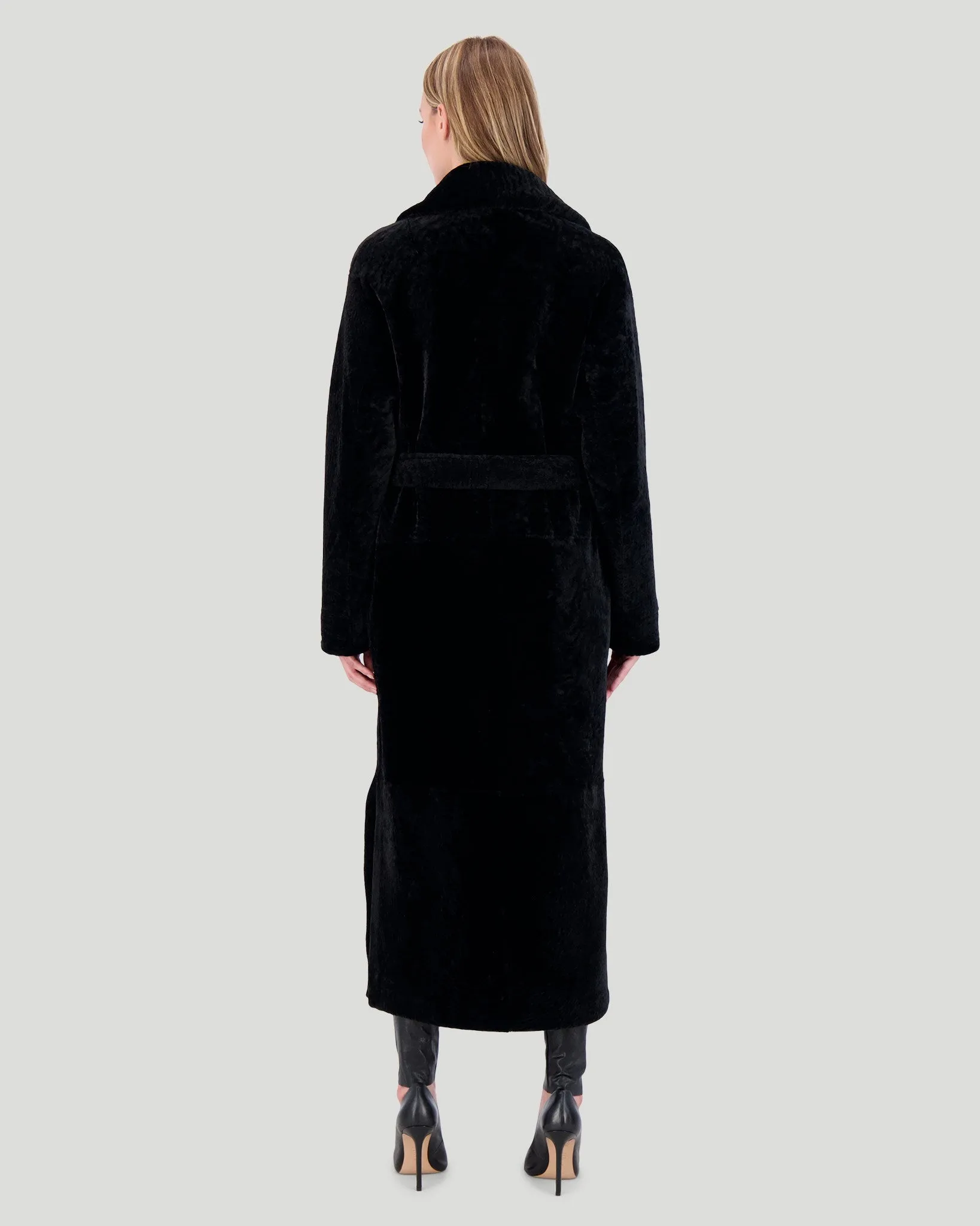 Reversible Select Shearling Lamb Coat with Side Slits and Belt