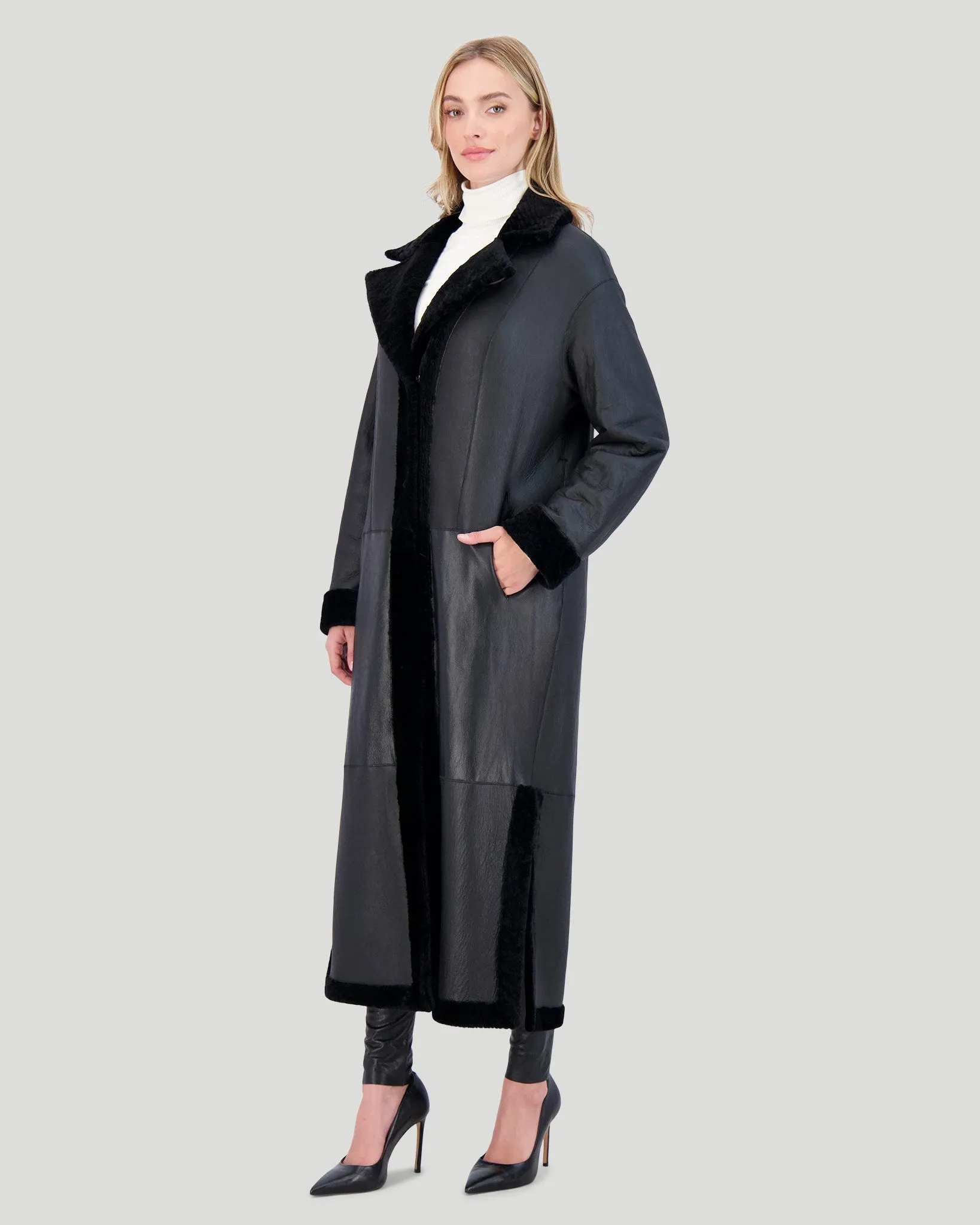 Reversible Select Shearling Lamb Coat with Side Slits and Belt