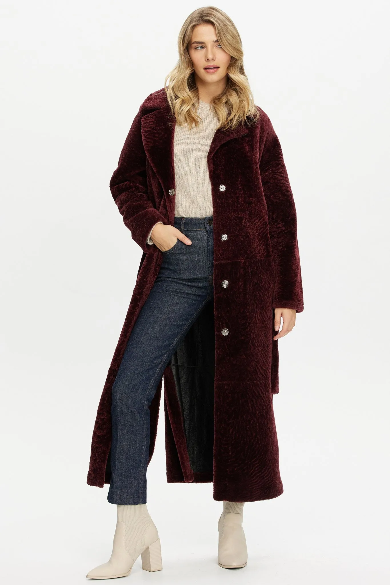 Reversible Select Shearling Lamb Coat with Side Slits and Belt