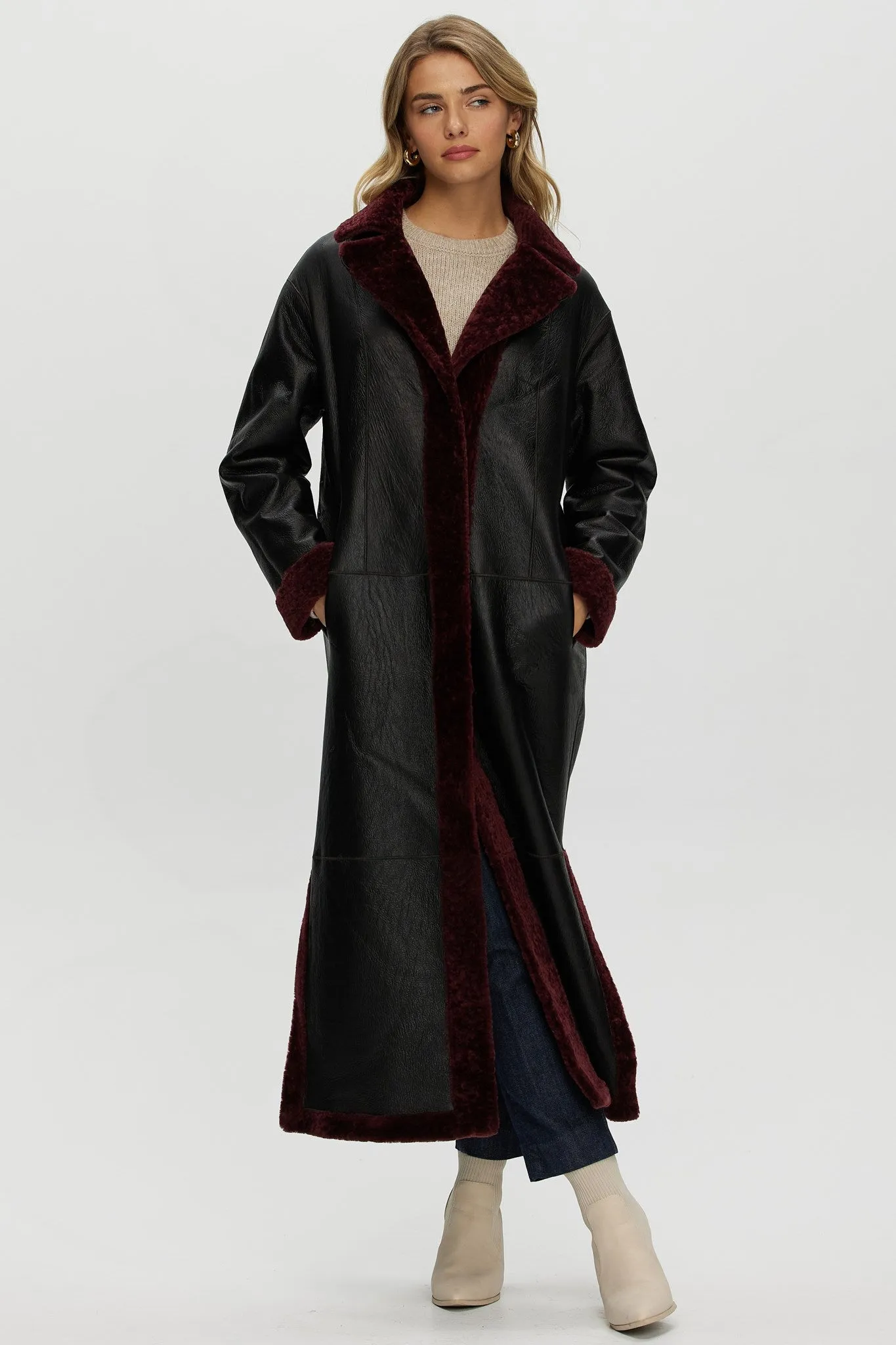 Reversible Select Shearling Lamb Coat with Side Slits and Belt