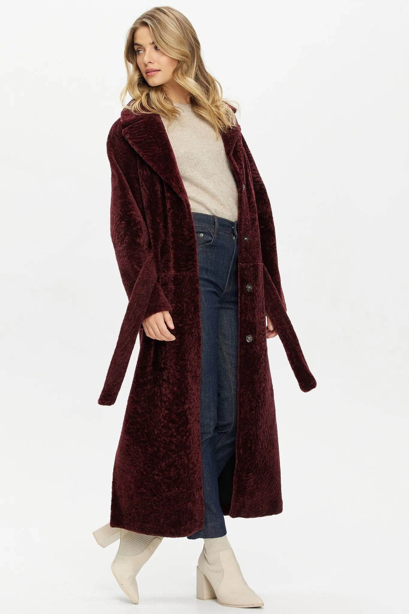 Reversible Select Shearling Lamb Coat with Side Slits and Belt