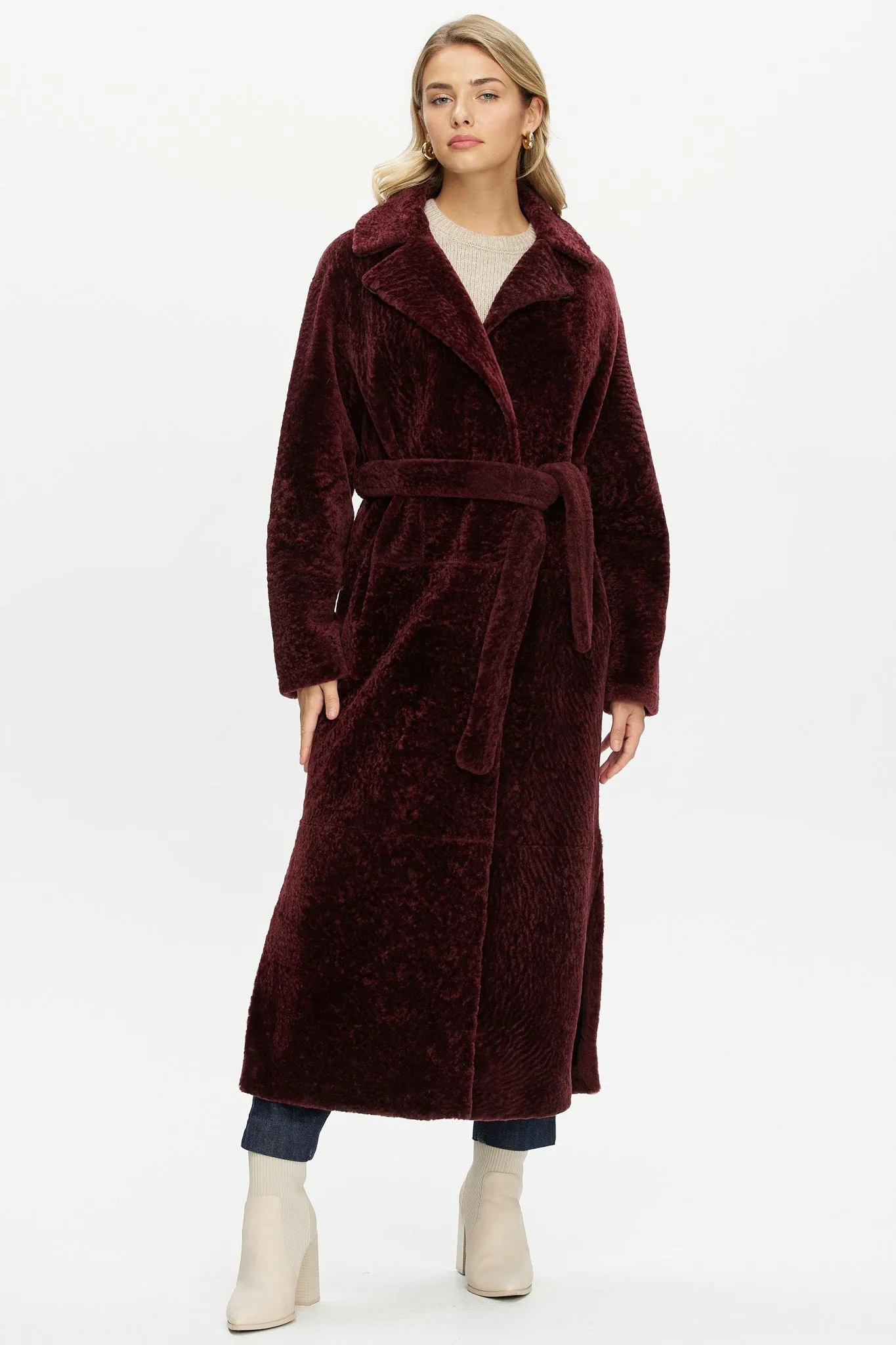 Reversible Select Shearling Lamb Coat with Side Slits and Belt