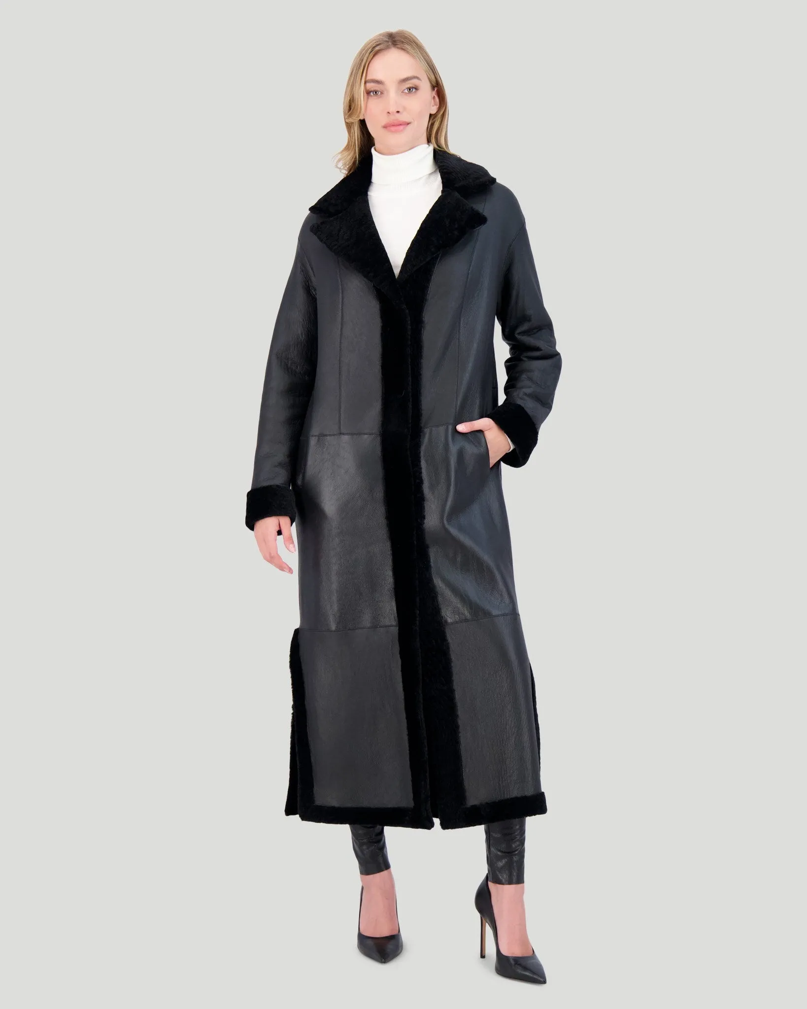 Reversible Select Shearling Lamb Coat with Side Slits and Belt