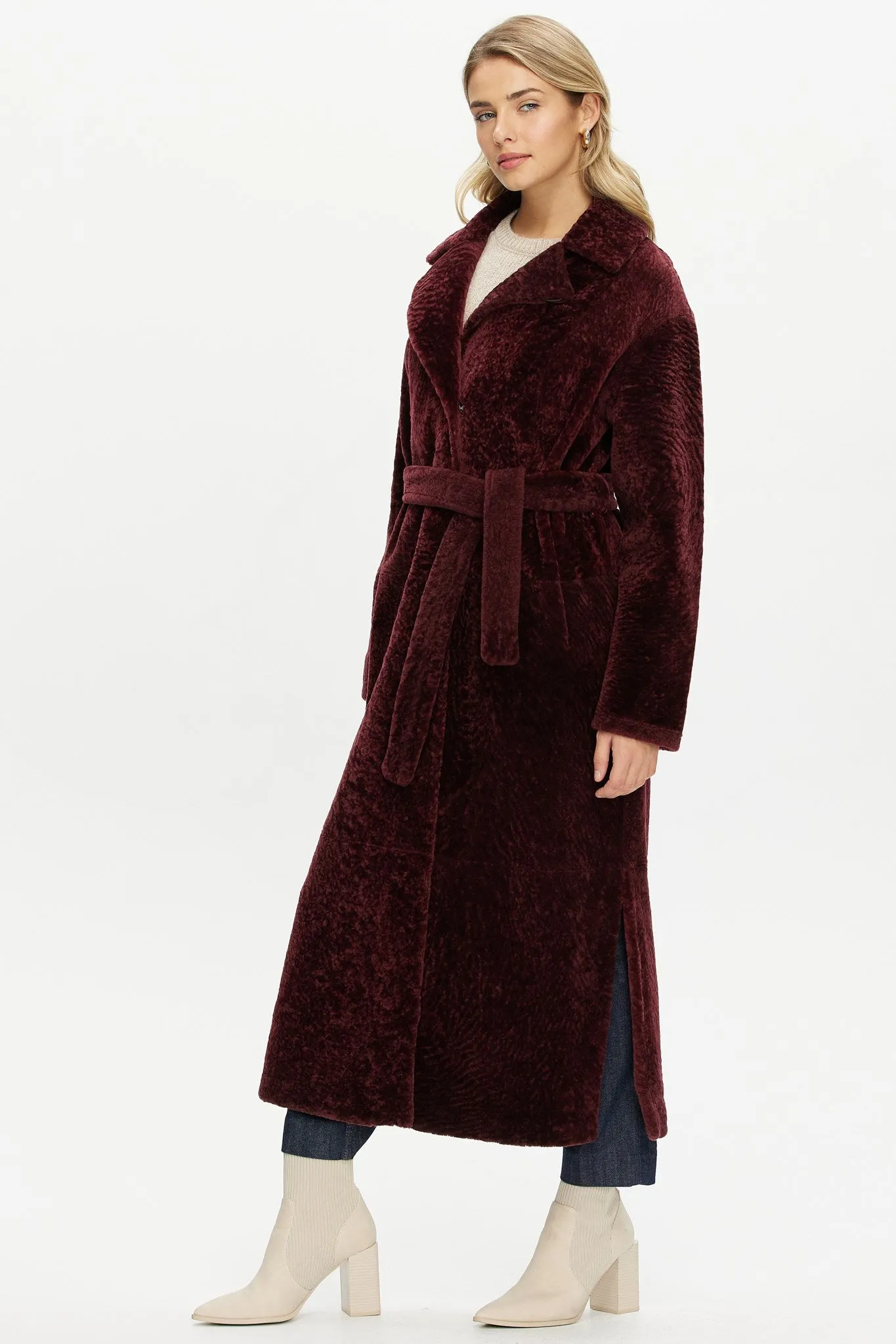 Reversible Select Shearling Lamb Coat with Side Slits and Belt