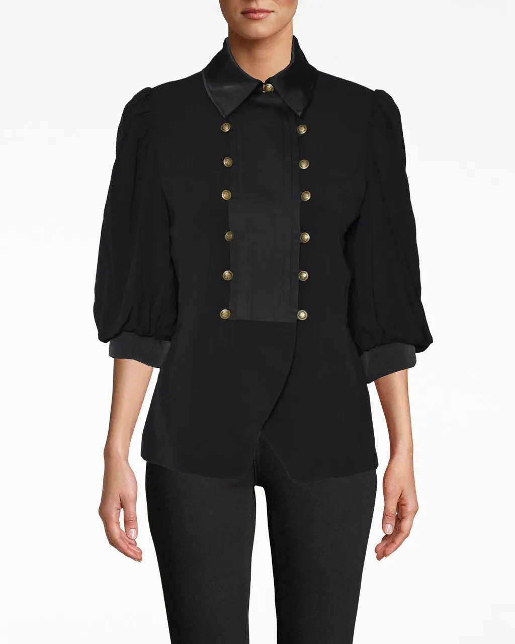 SATIN BACK CREPE PUFF SLEEVE TUXEDO JACKET in BLACK