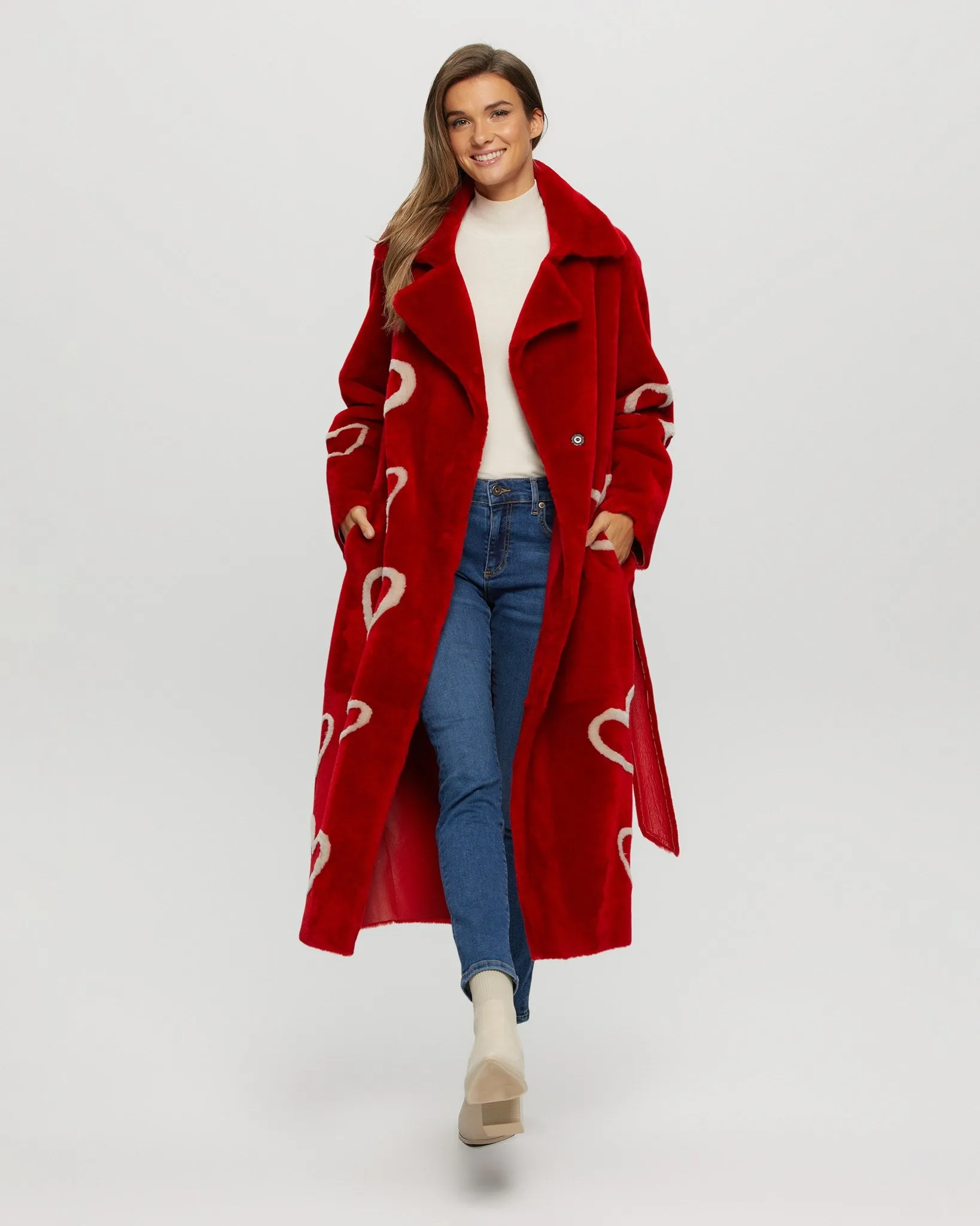 Select Shearling Lamb Coat with Heart Intarsia