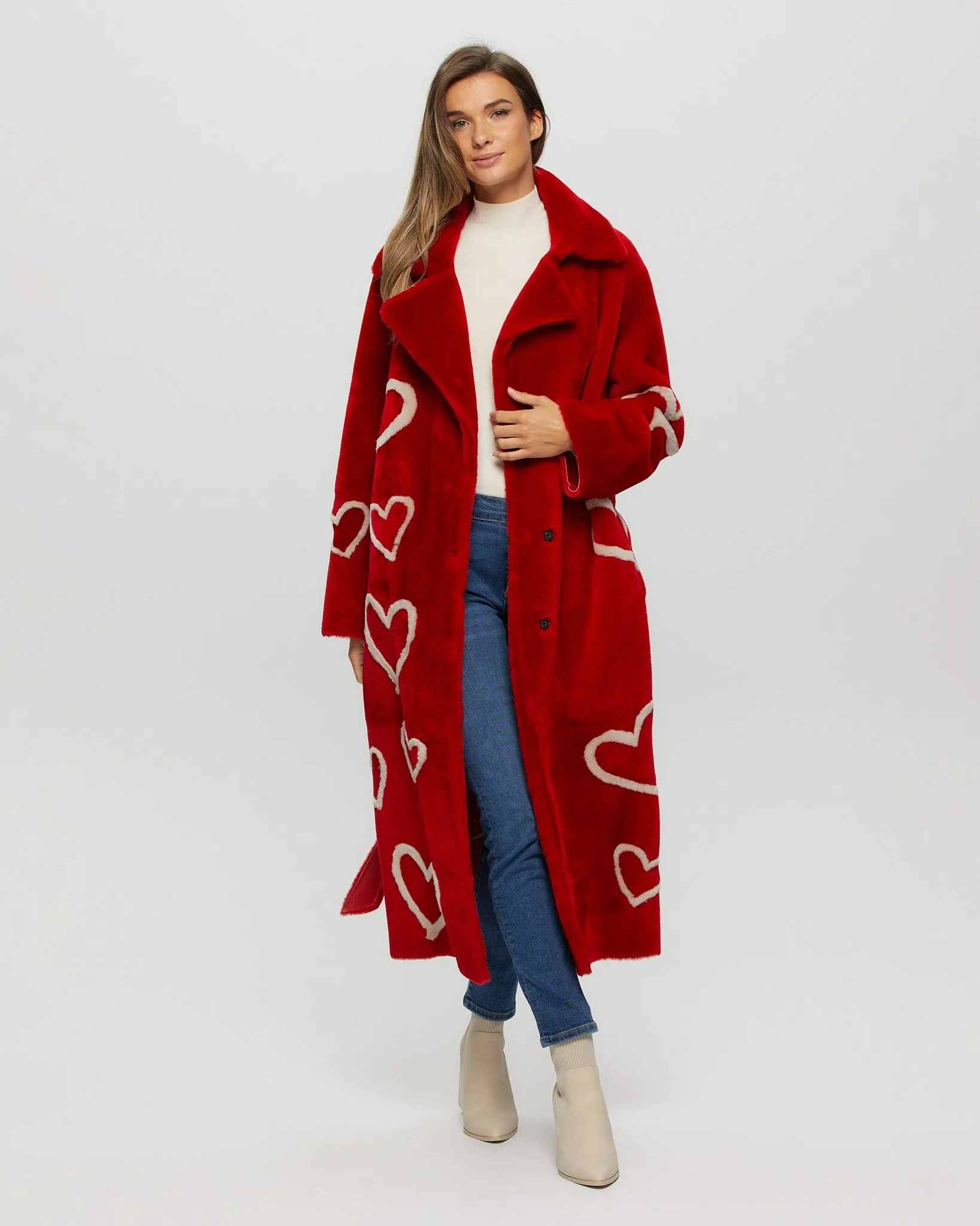 Select Shearling Lamb Coat with Heart Intarsia