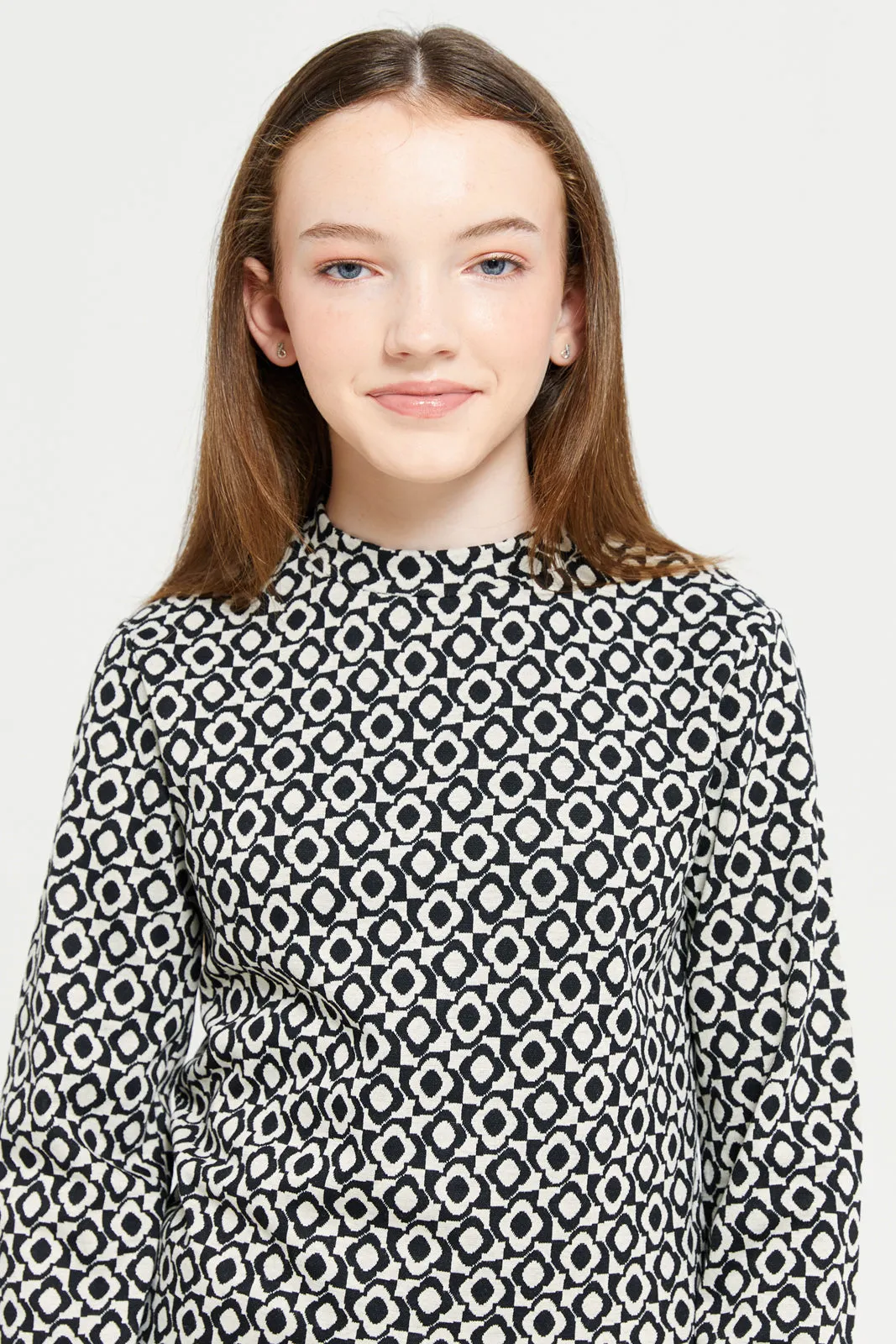 Senior Girls Black Bell Sleeve Jacquard Top