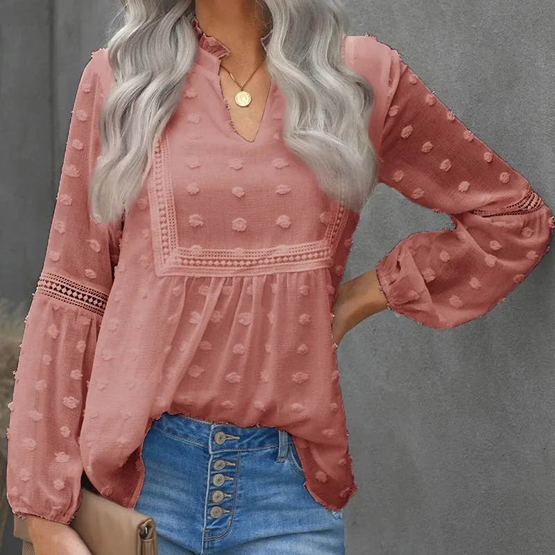 Spring Trend Embroidered Lace Detail Ruffled Collar V-Neck Lantern Sleeve Blouses