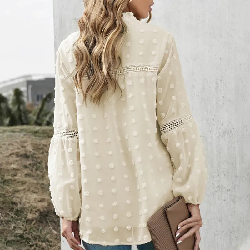 Spring Trend Embroidered Lace Detail Ruffled Collar V-Neck Lantern Sleeve Blouses