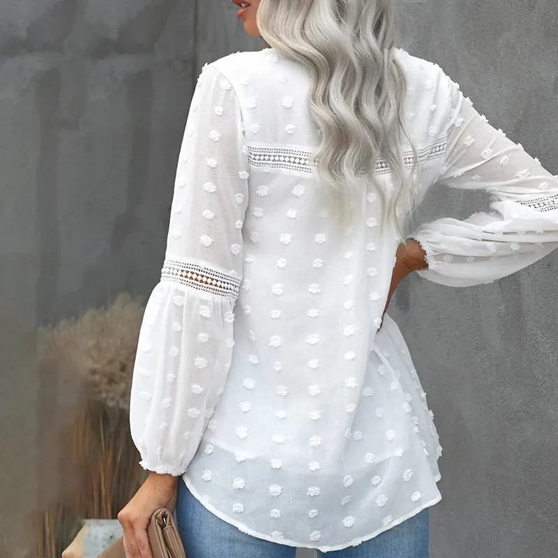 Spring Trend Embroidered Lace Detail Ruffled Collar V-Neck Lantern Sleeve Blouses