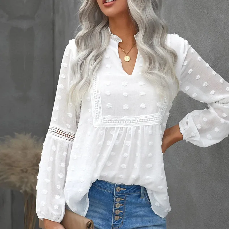 Spring Trend Embroidered Lace Detail Ruffled Collar V-Neck Lantern Sleeve Blouses