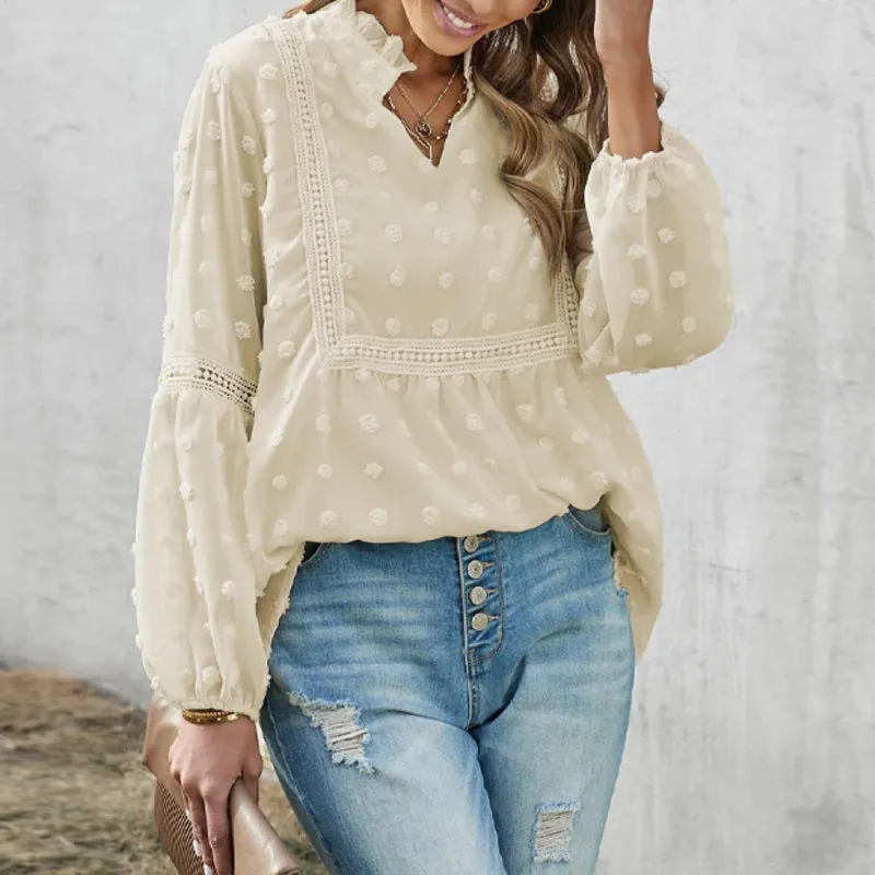 Spring Trend Embroidered Lace Detail Ruffled Collar V-Neck Lantern Sleeve Blouses