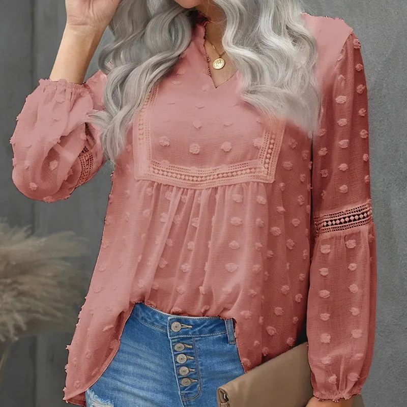 Spring Trend Embroidered Lace Detail Ruffled Collar V-Neck Lantern Sleeve Blouses