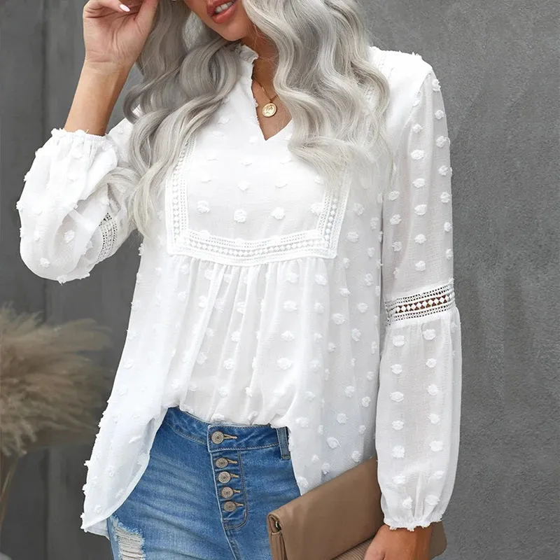 Spring Trend Embroidered Lace Detail Ruffled Collar V-Neck Lantern Sleeve Blouses