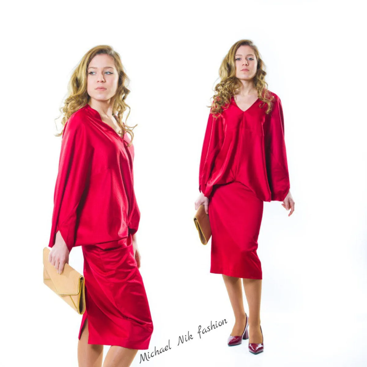 V-Neck Batwing Satin Dress