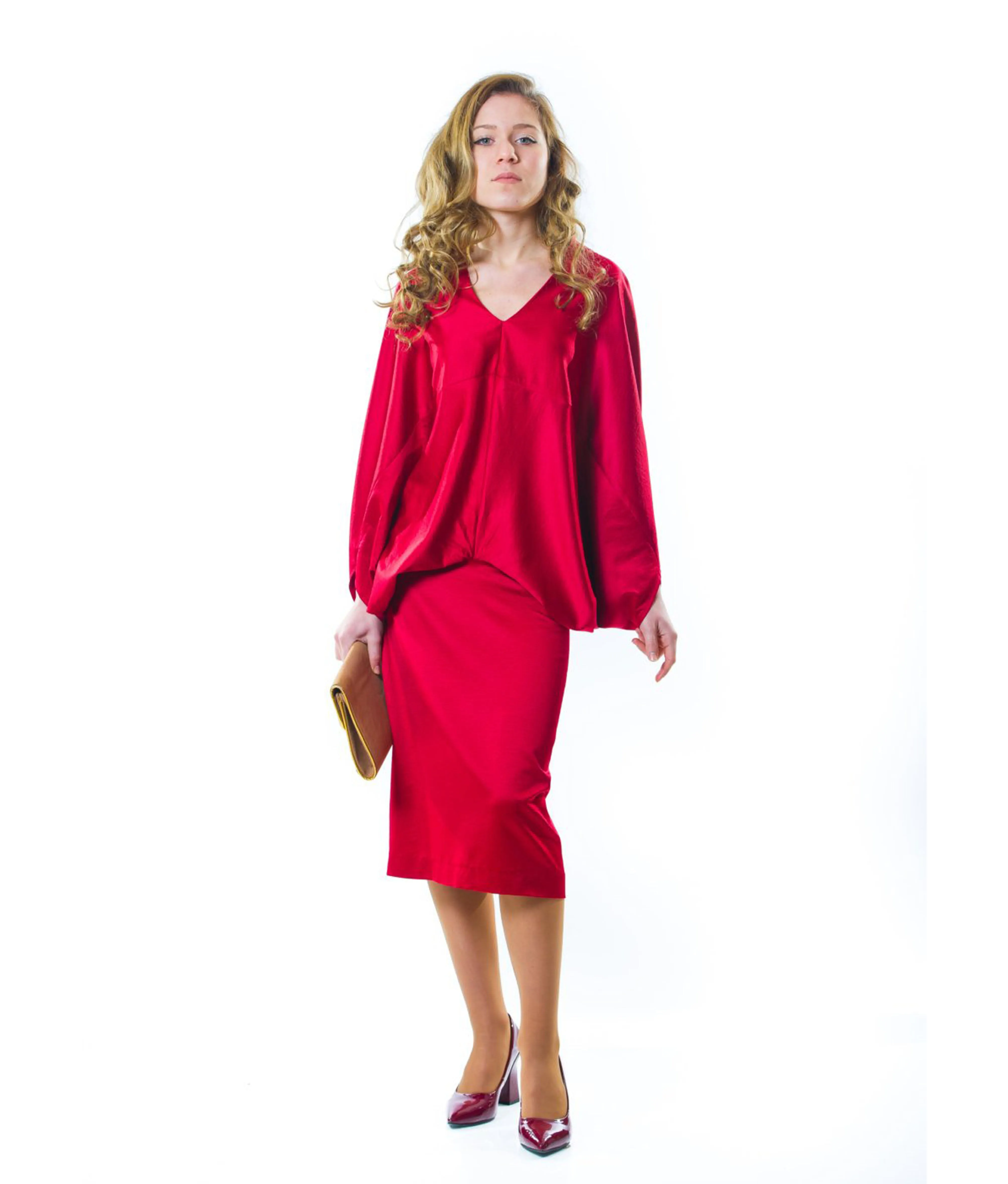 V-Neck Batwing Satin Dress