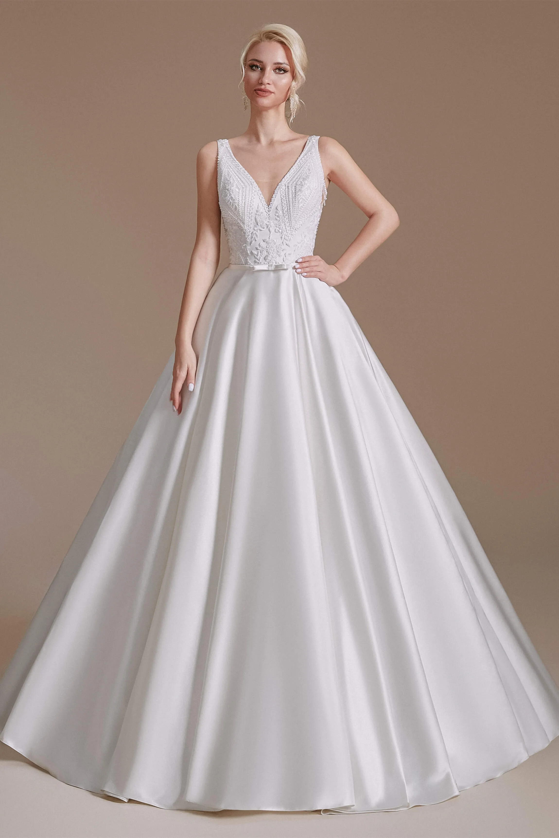 V Neck Sleeveless Satin Handmade Back Wedding Dresses