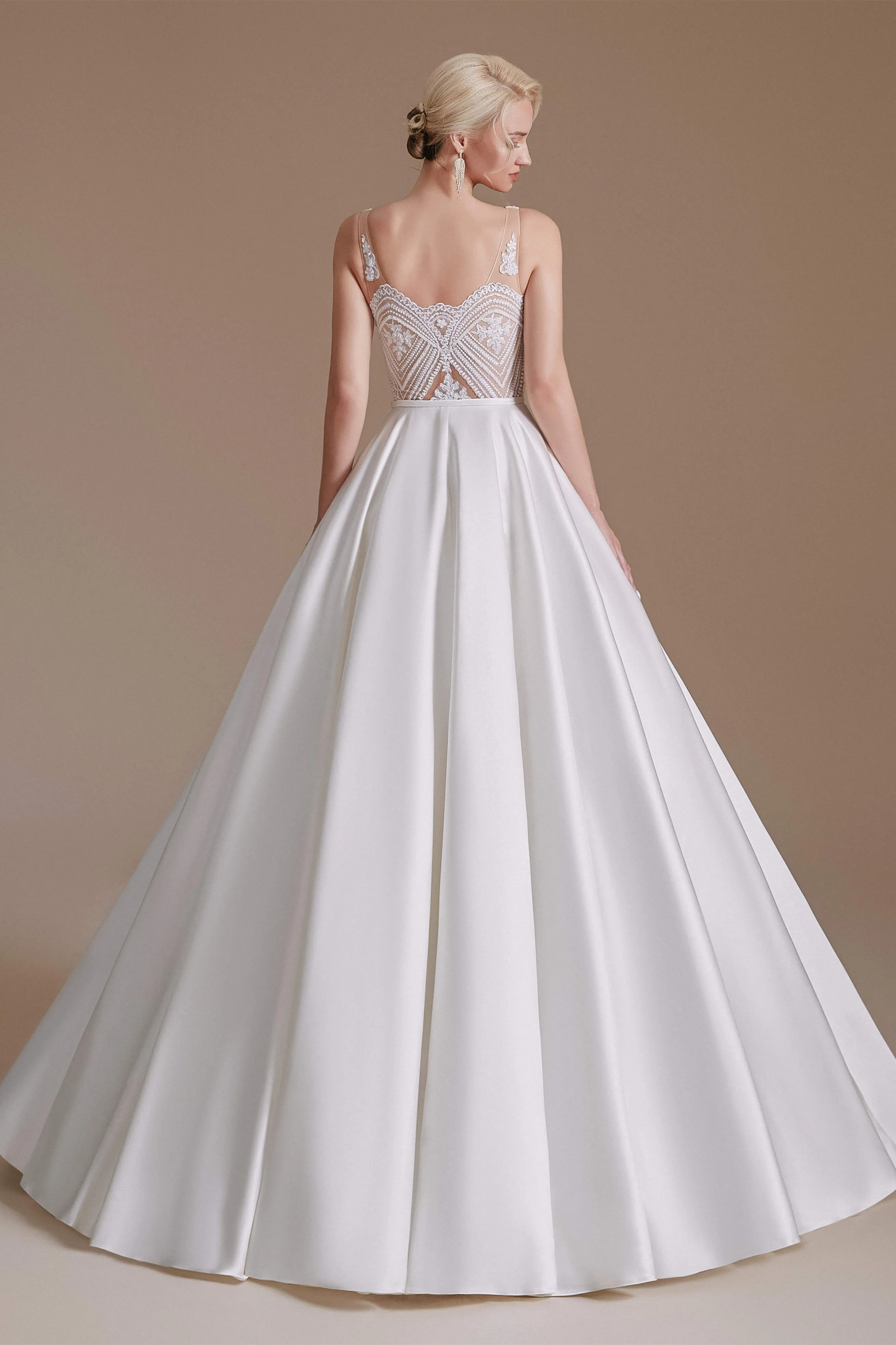 V Neck Sleeveless Satin Handmade Back Wedding Dresses